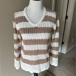 Maurices V-Neck Sweater -
Cream and Brown Stripes. Medium